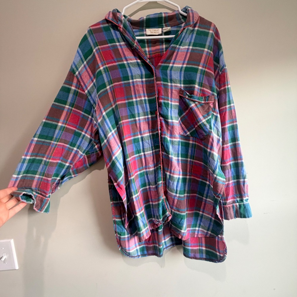VTG Victorias Secret Plaid Pajama Top Women L Cotton Flowy Cottagecore